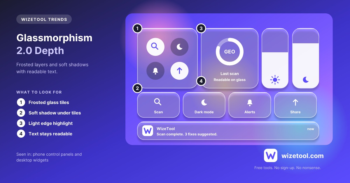 Mock-up of a phone-style control panel with frosted glass tiles, sliders and a notification over a colorful background